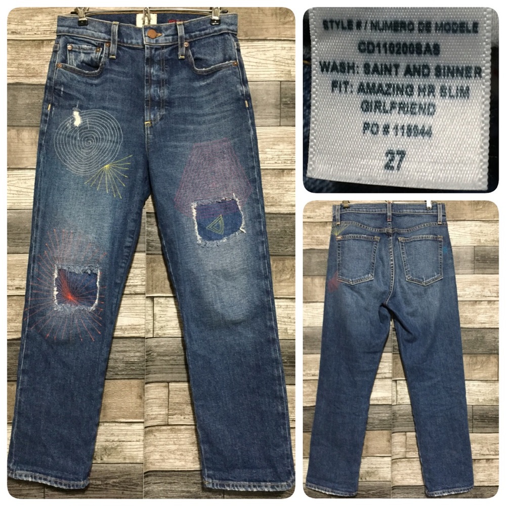 Alice + Olivia Blue High Rise Jeans with Colorful Embroidery